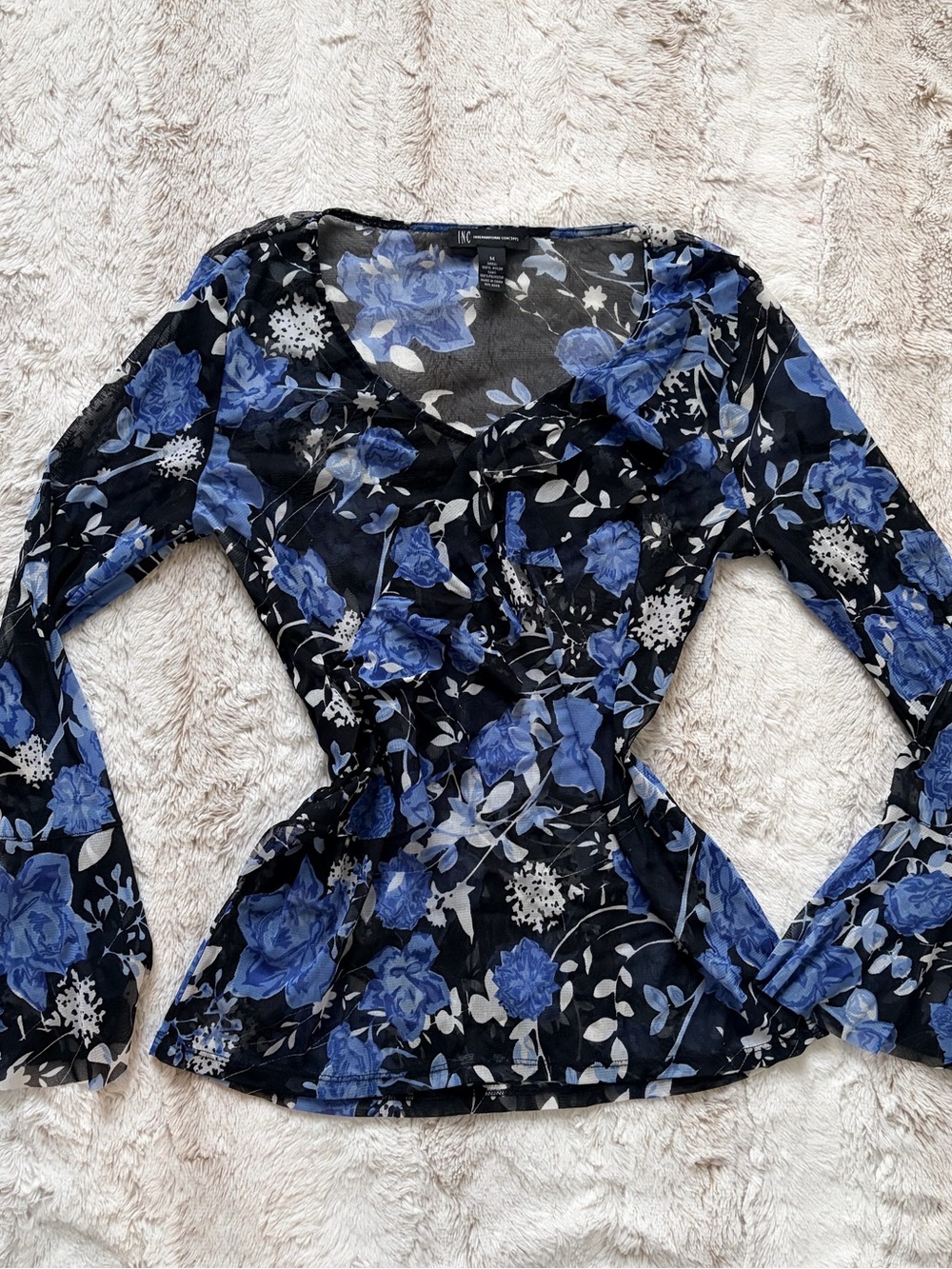 💙 Vintage Y2K INC Sheer Floral Ruffle Top Bell Sleeve Fairy Grunge 90s Going Out